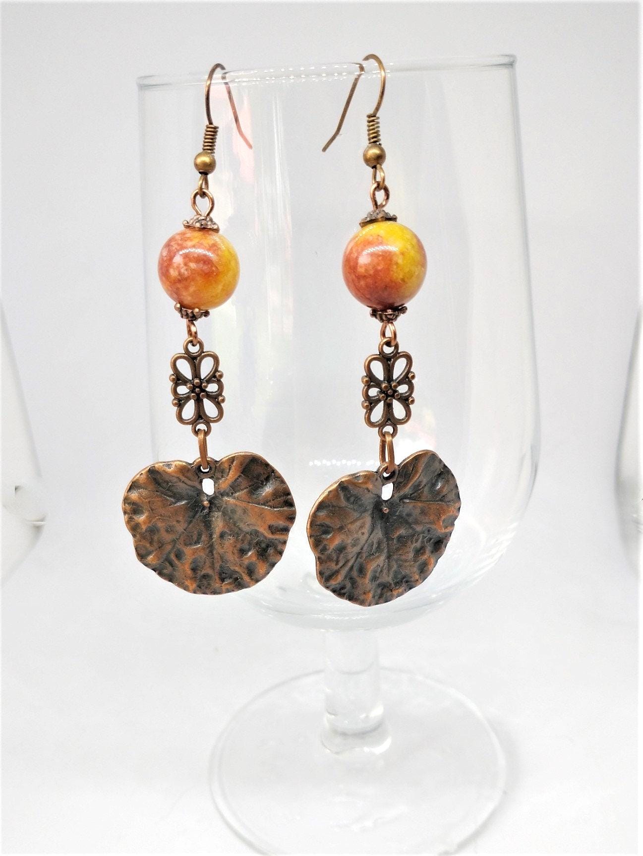 Copper leaf with Dyed New Jade Semiprecious Gemstone Earrings