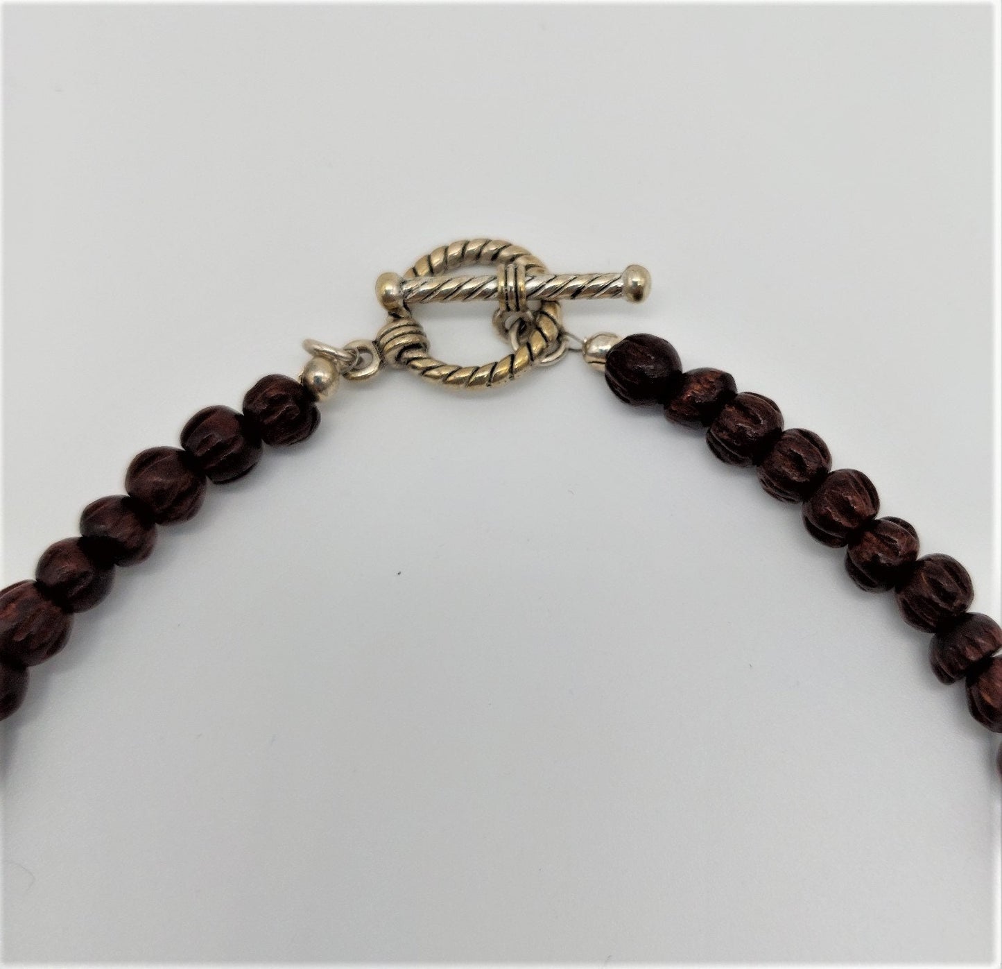 Blue Speckled Ceramic & Carved Wood Bead Necklace