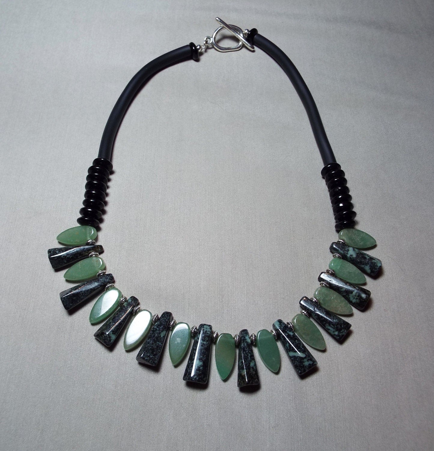 Olive Green New Jade Briolette and Black Bead Necklace