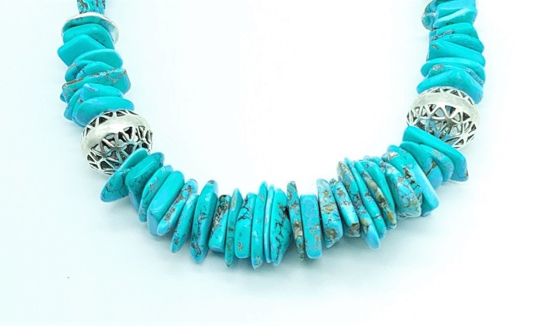Turquoise Howlite Coin Disc Necklace with Silver Plated Beads