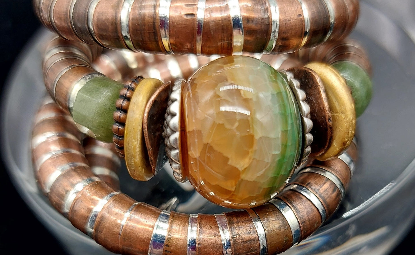 Honey color and moody green agate wrap bracelet