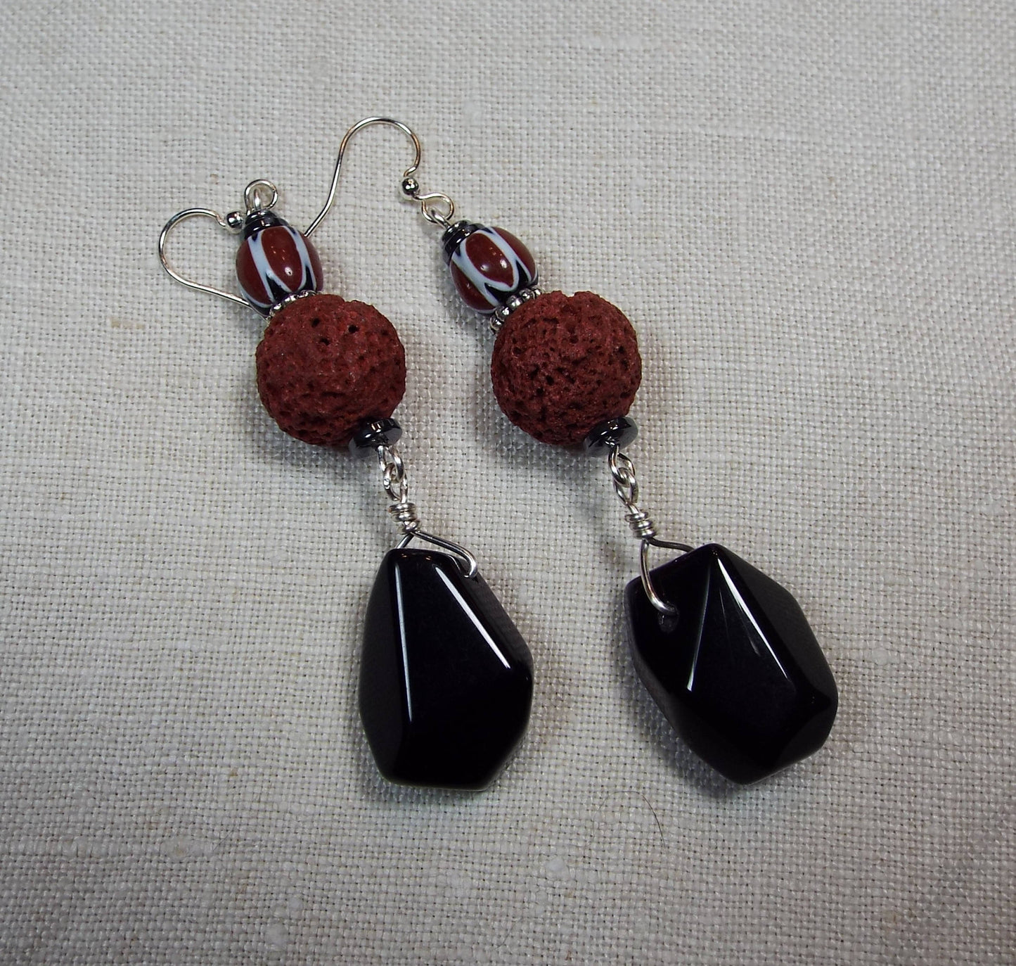 Black Onyx with Red Lava Bead & African Trade bead earrings