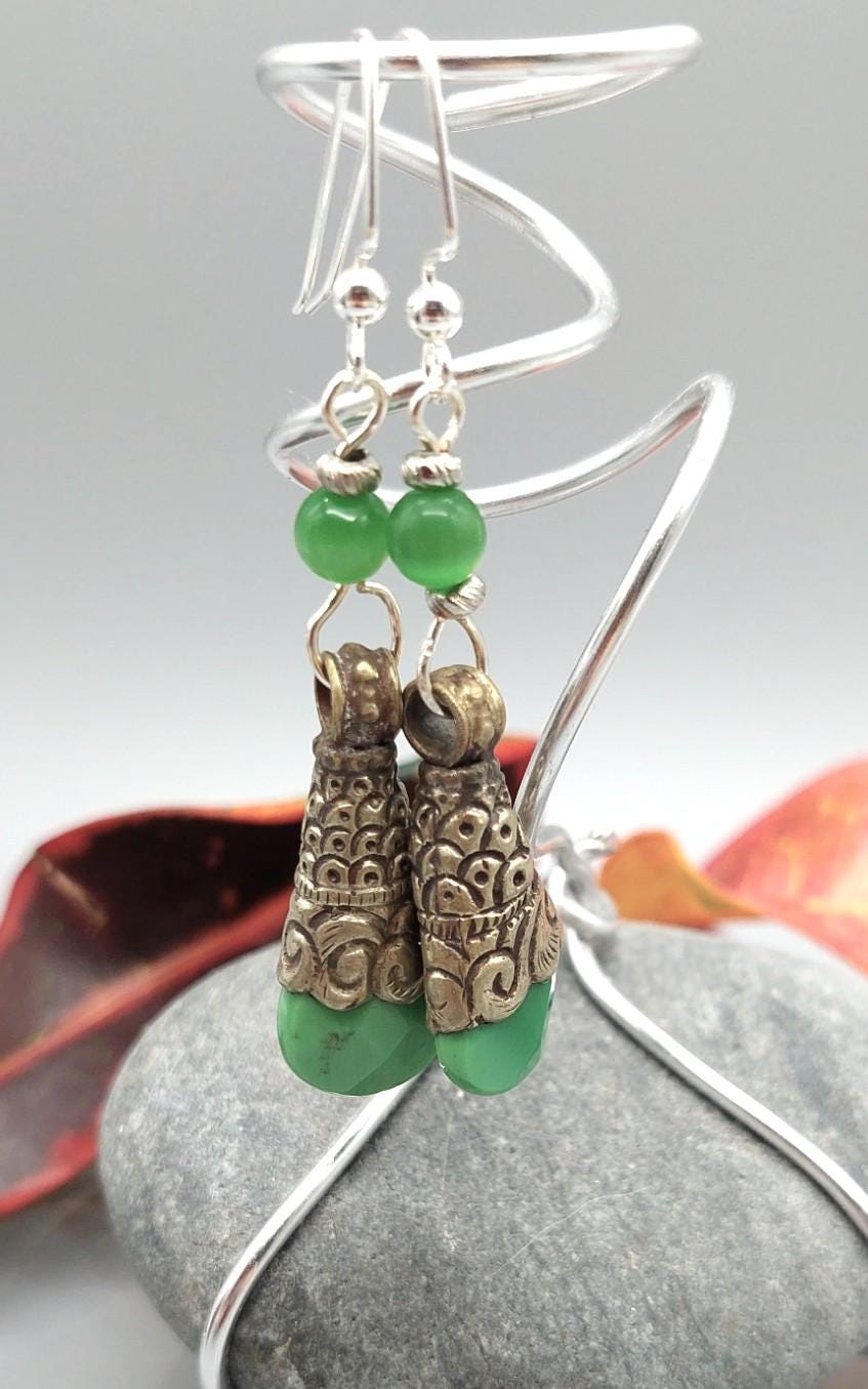 Green Tibetan Boho Drop Earrings