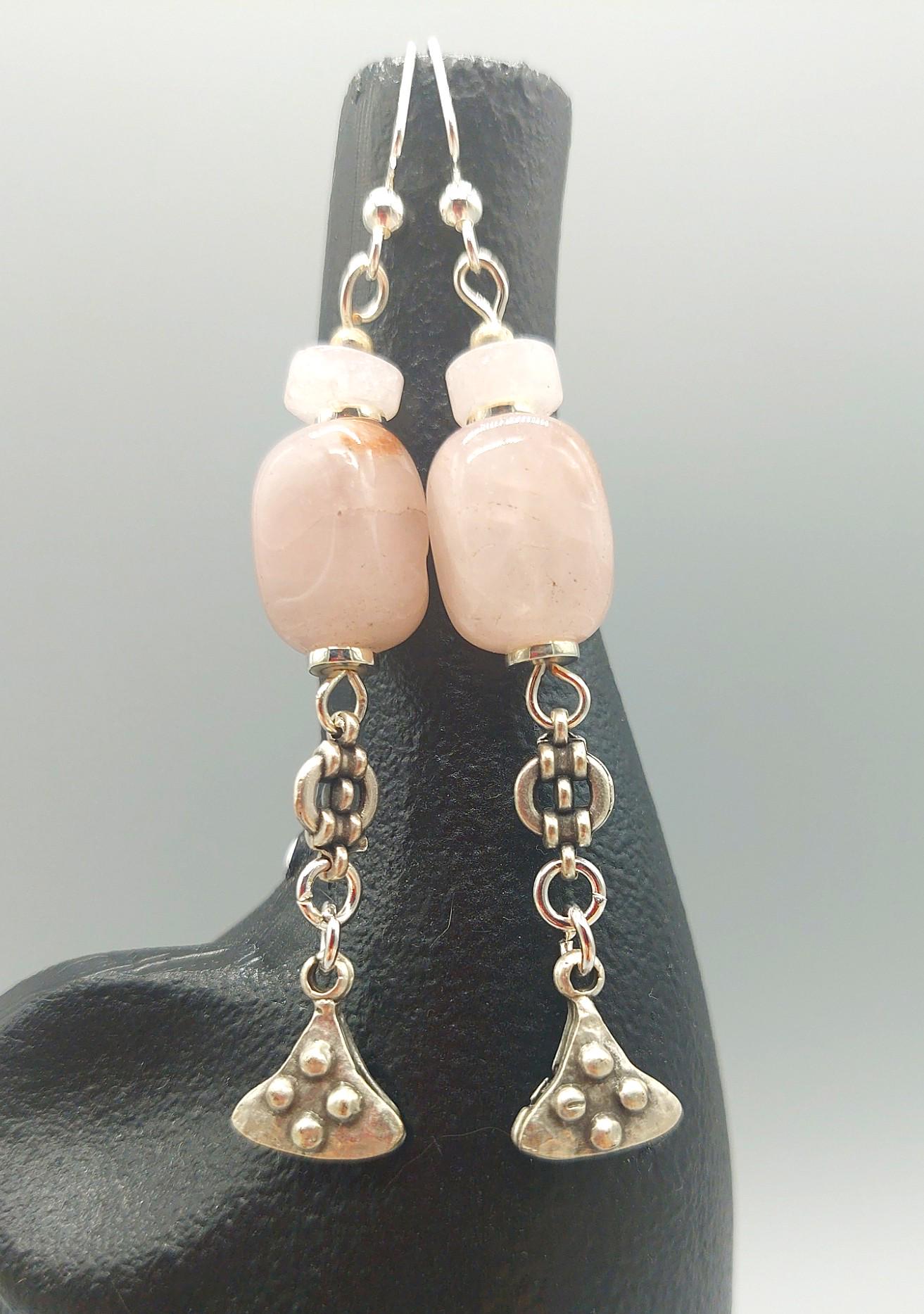 Pale Pink Quartz and Zamak Silver Charm Earrings