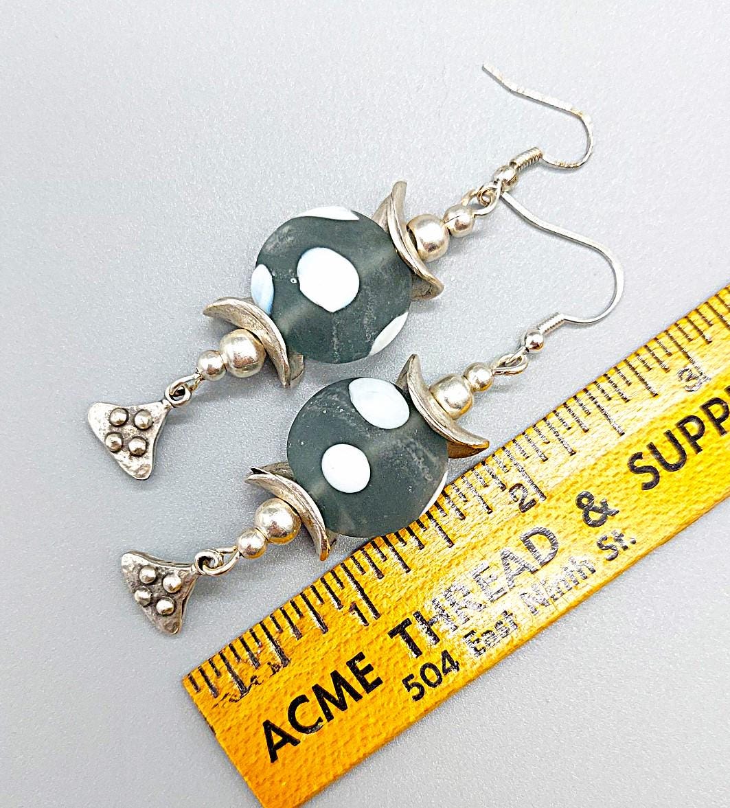 Gray and white swiss dotted glass earrings