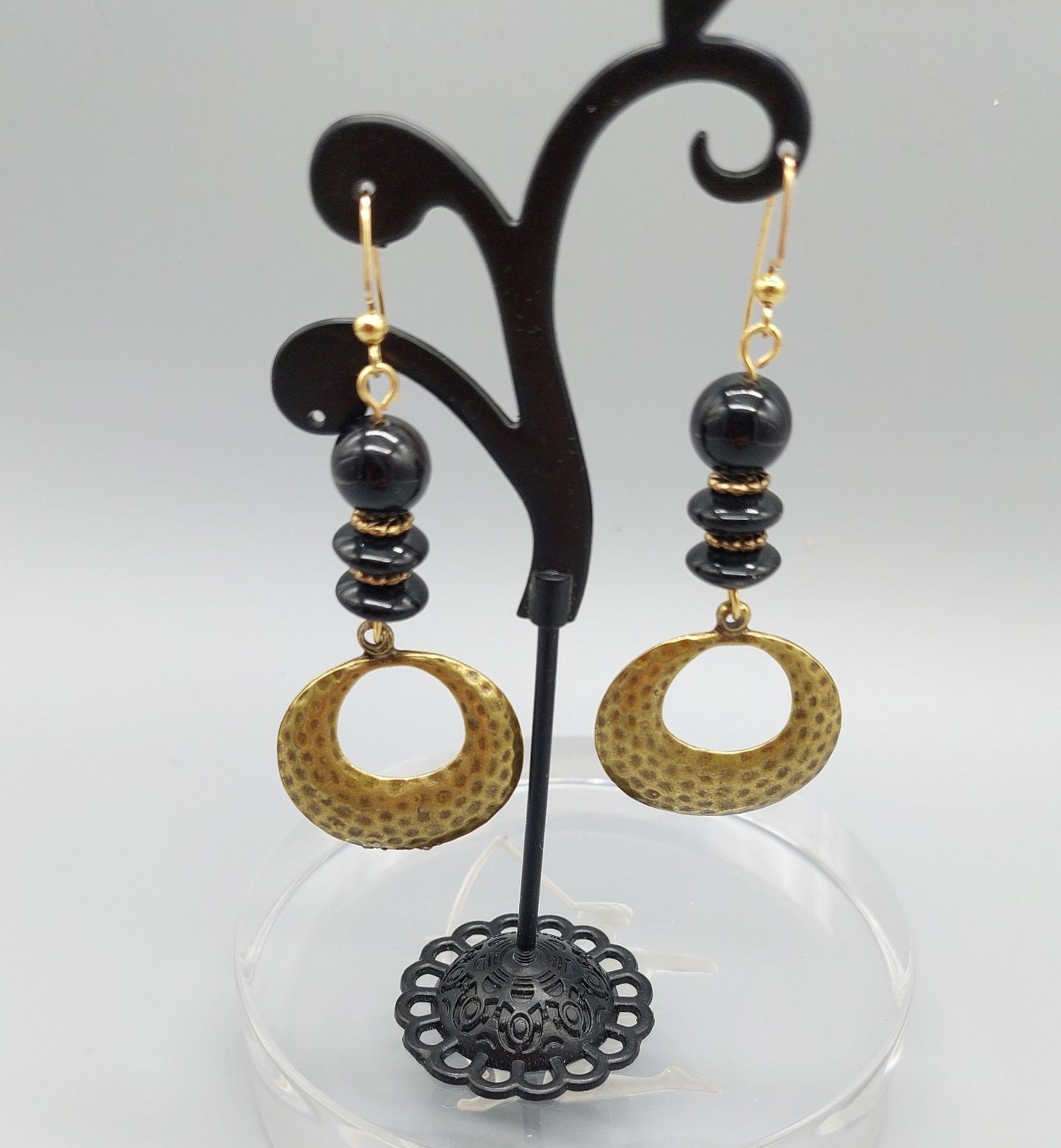 Hammered antiqued gold and black dangle earrings