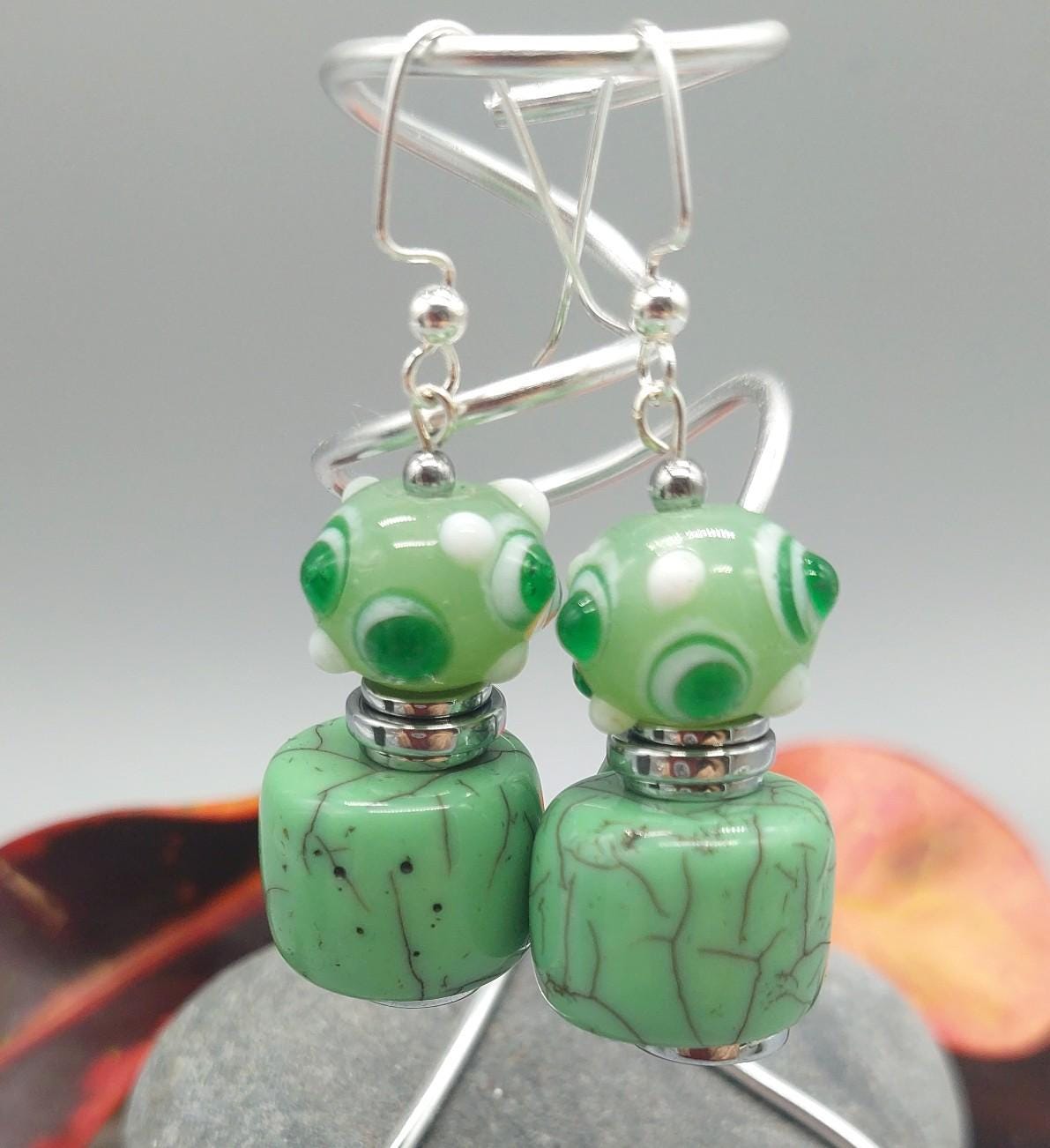 Minty Green Howlite and Lampwork Bead Earrings