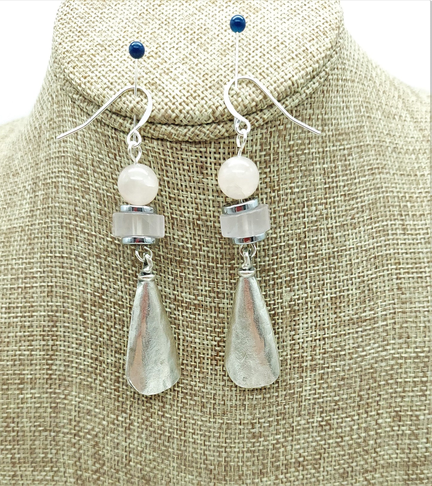 Pale pink quartz and silver Zamak earrings