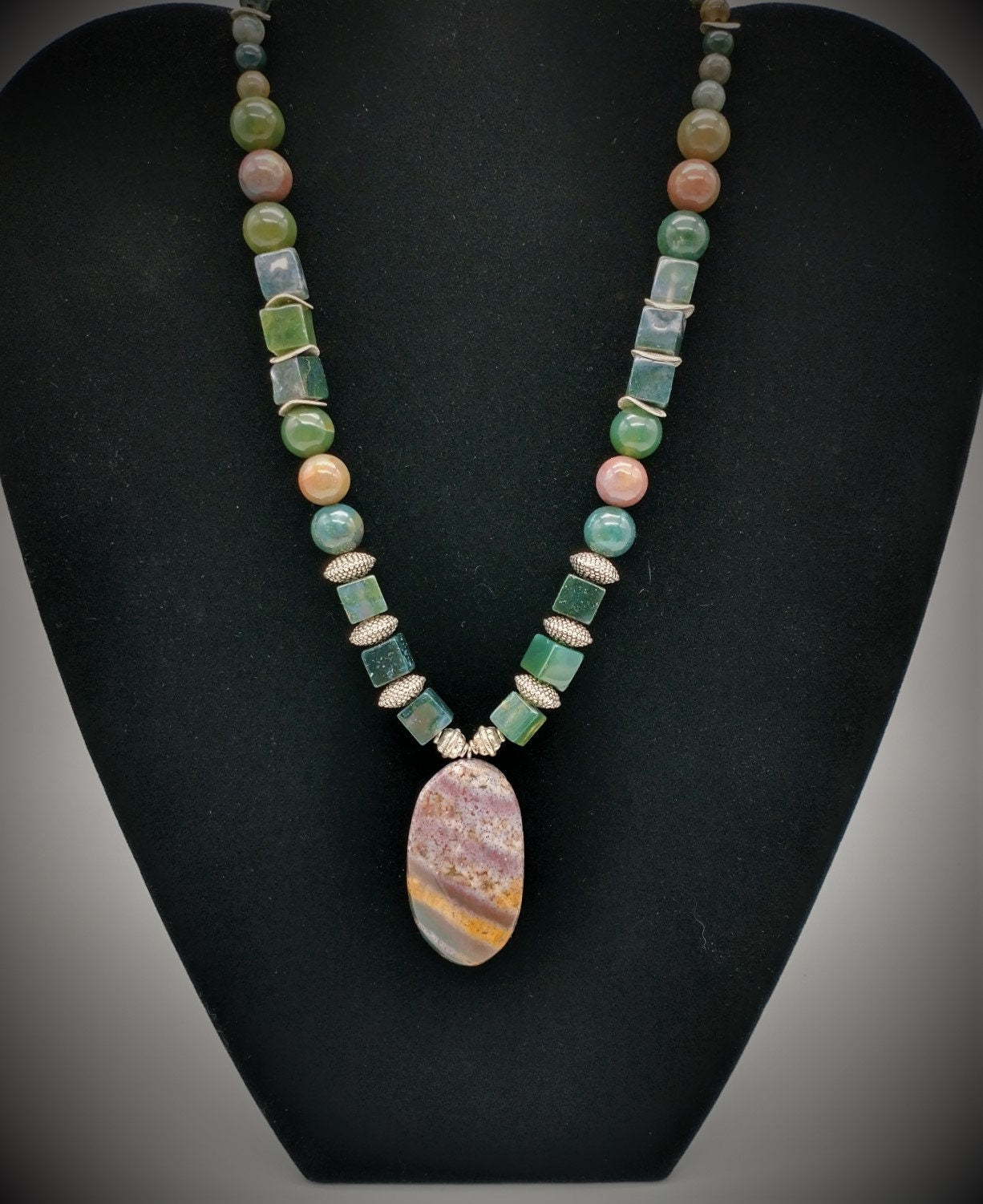 Green and Burgundy Stripe Jasper Pendant Necklace