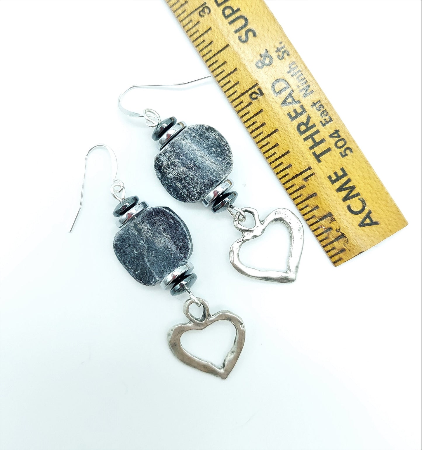 Striated Gray Carved Bone and Silver Zamak Heart Earrings