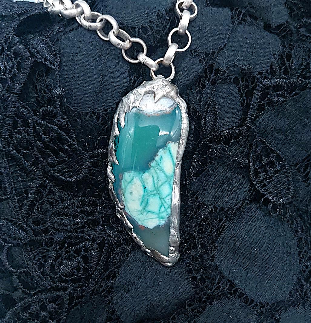 Soft soldered green agate pendant necklace with thick Turkish silver chain
