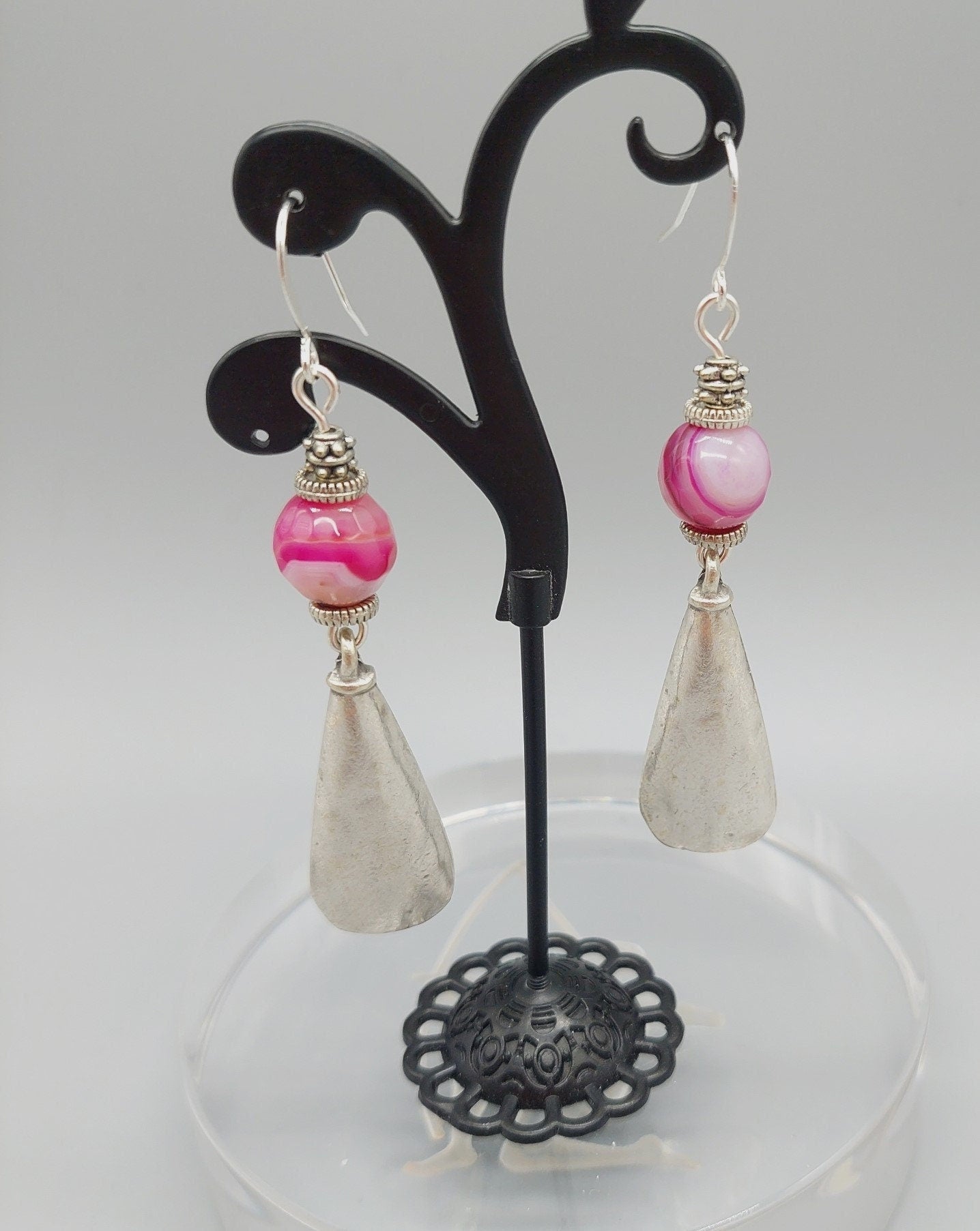 Banded pink agate with silver plated Zamak drop earrings