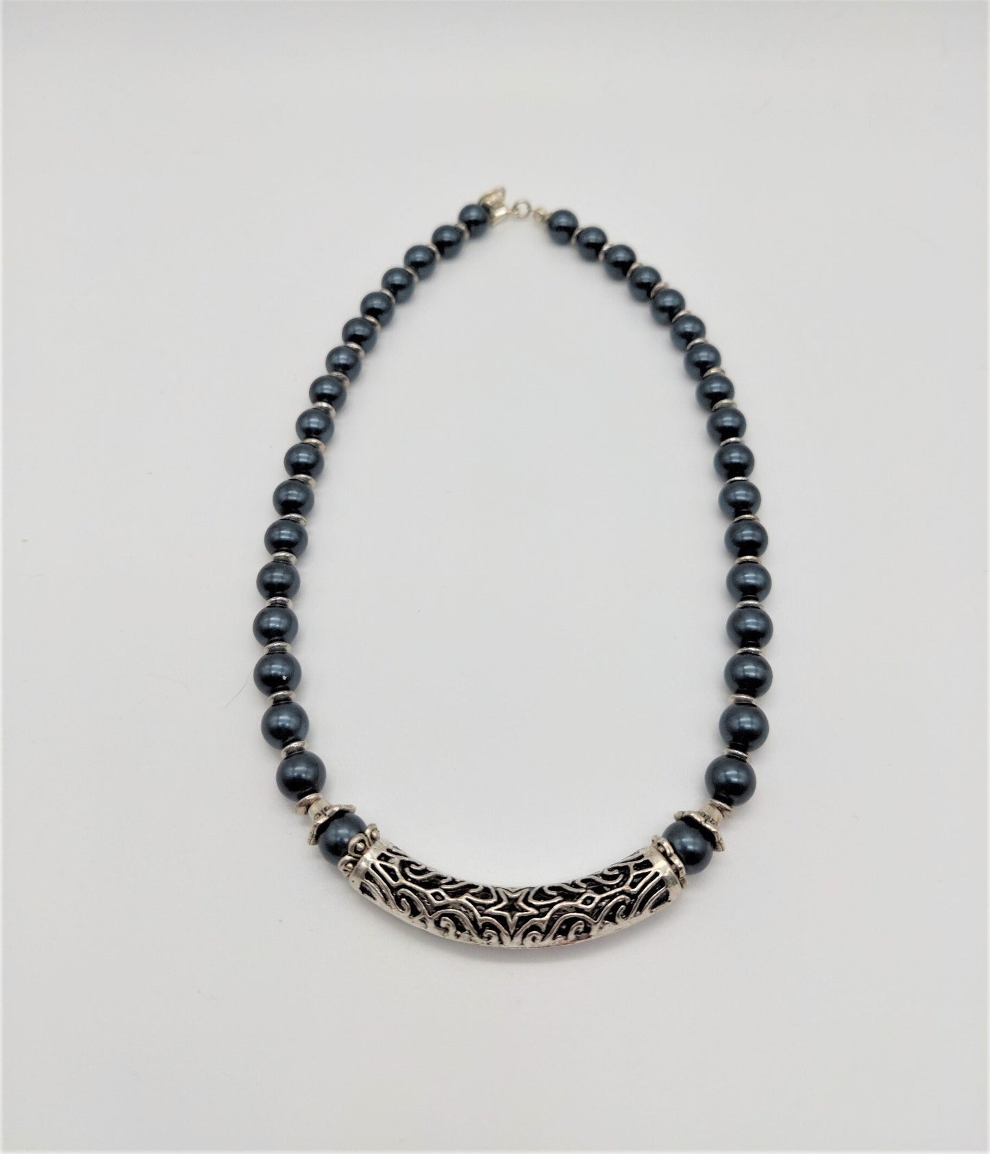 Black glass pearl with silver scroll focal necklace