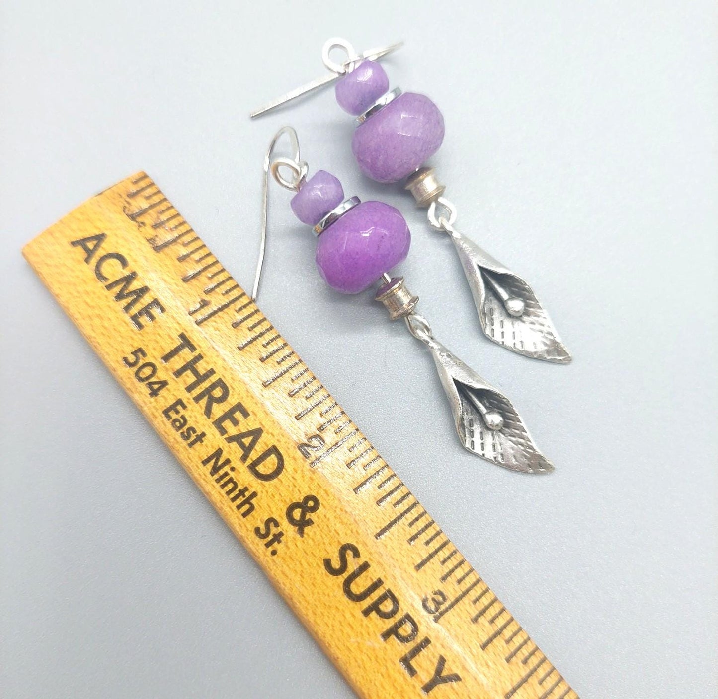 Dyed Lavender Jade Gemstone with Floral Zamak Drop Charm Earrings
