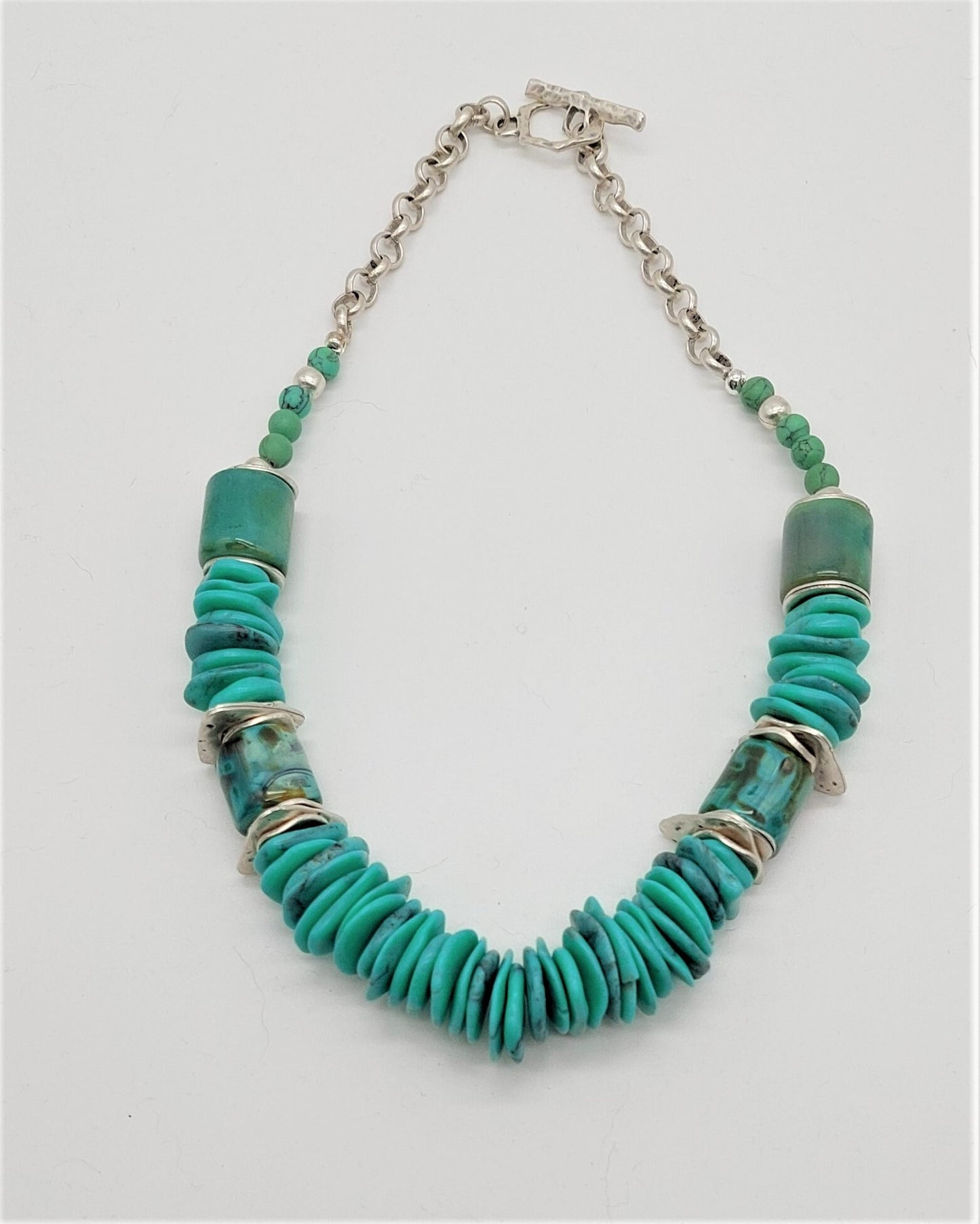 Green Howlite Coin Disc Necklace with Silver Plated Beads