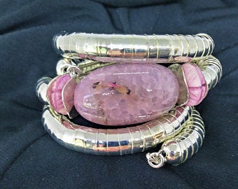 Dusty pink lavender oval banded agate gemstone wrap bracelet