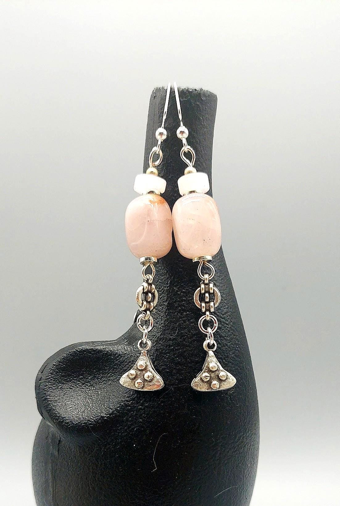 Pale Pink Quartz and Zamak Silver Charm Earrings