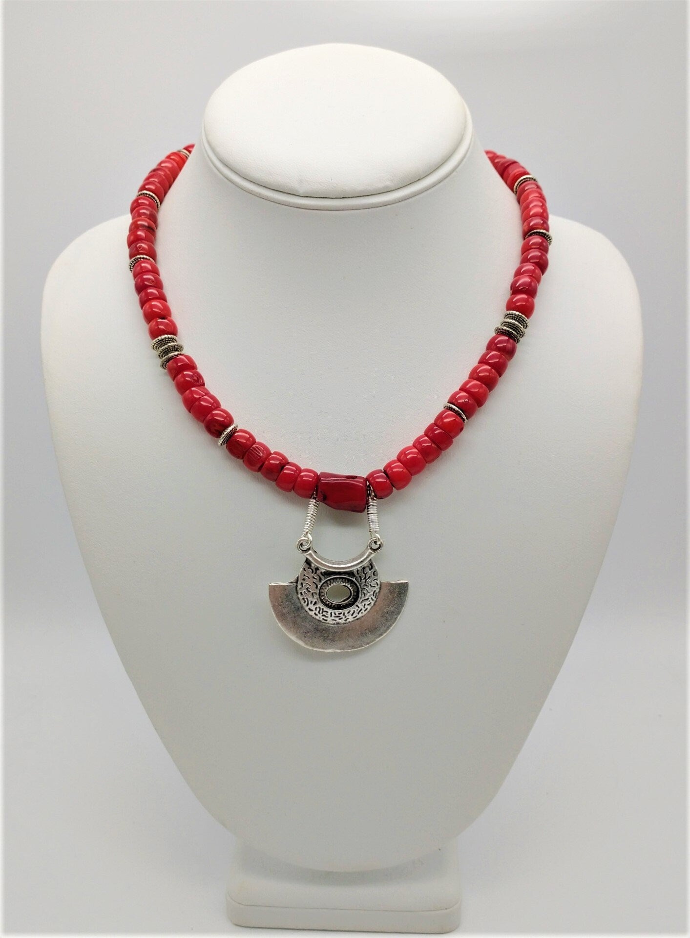 Red Coral Necklace with Turkish Silver Plated (Zamak) Pendant