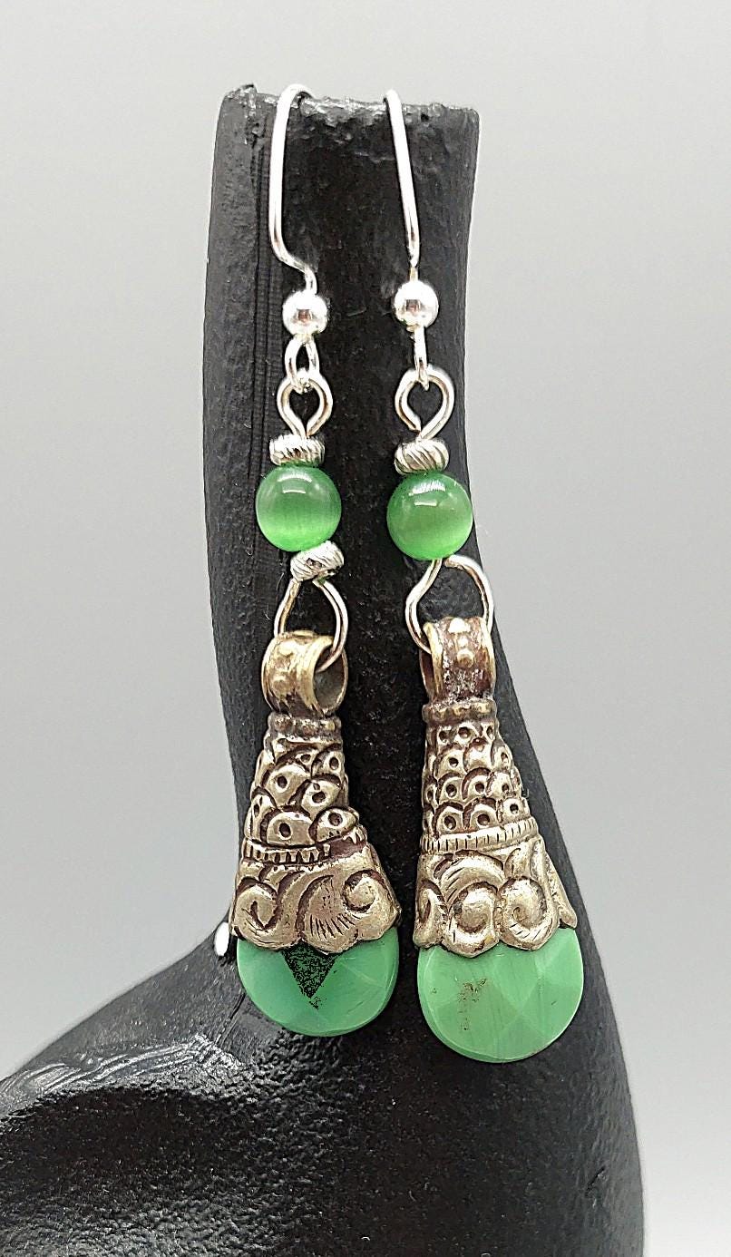 Green Tibetan Boho Drop Earrings