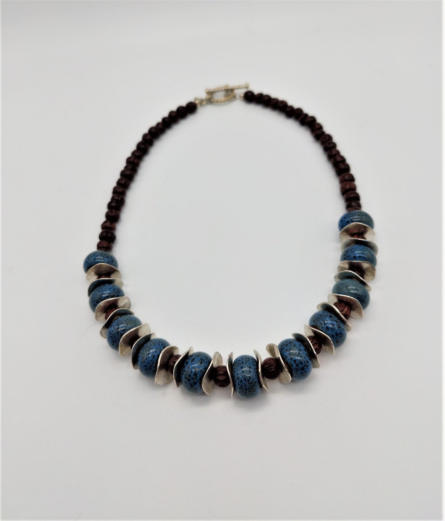 Blue Speckled Ceramic & Carved Wood Bead Necklace