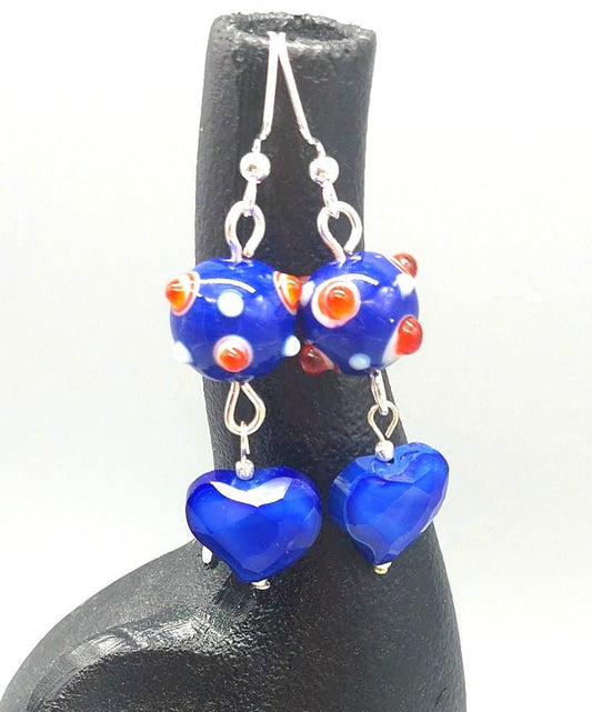 Electric Blue Romance Glass Heart and Lampwork Bead Earrings