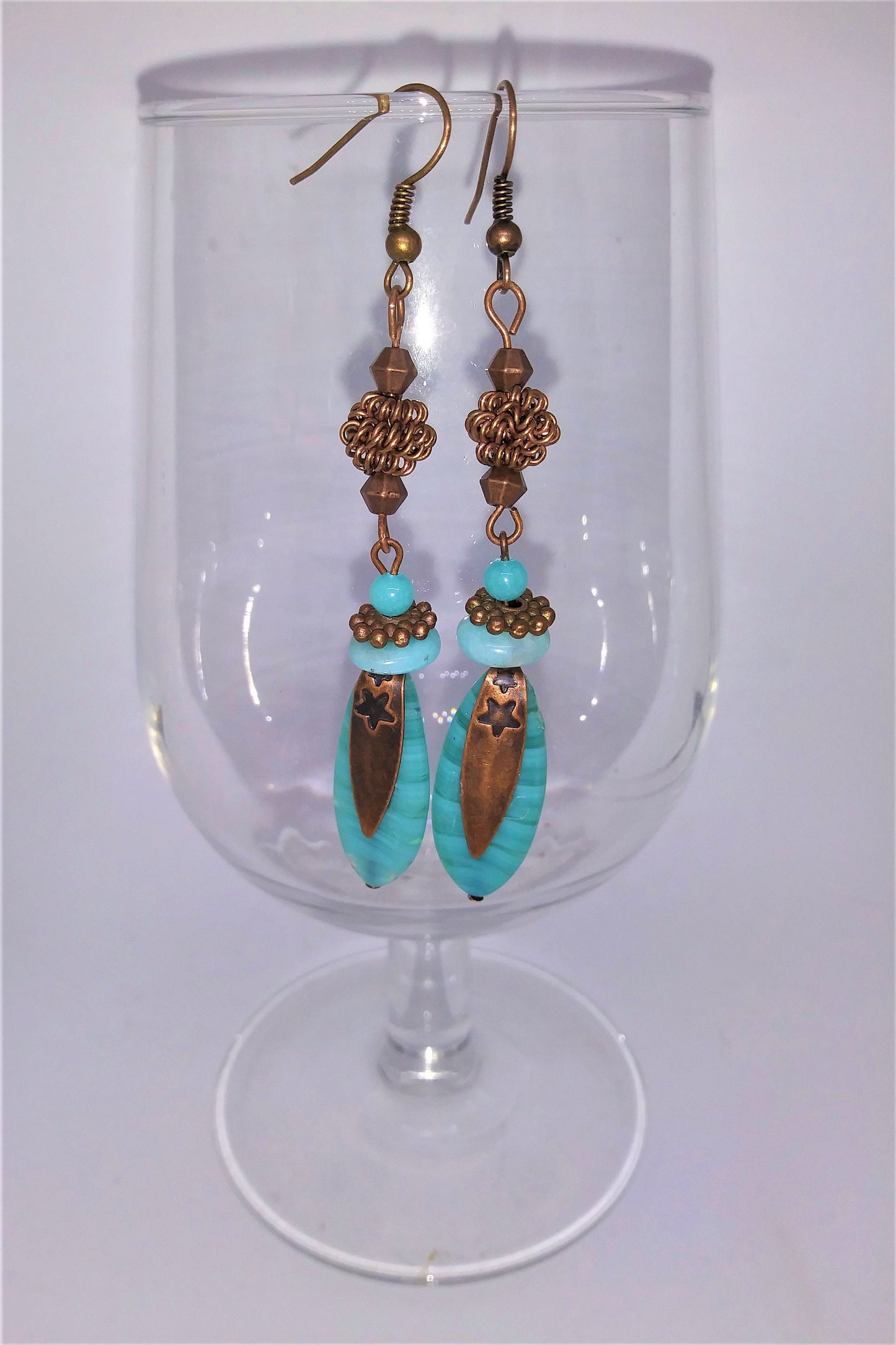 Turquoise Glass & Antiqued Copper Dangle Earrings