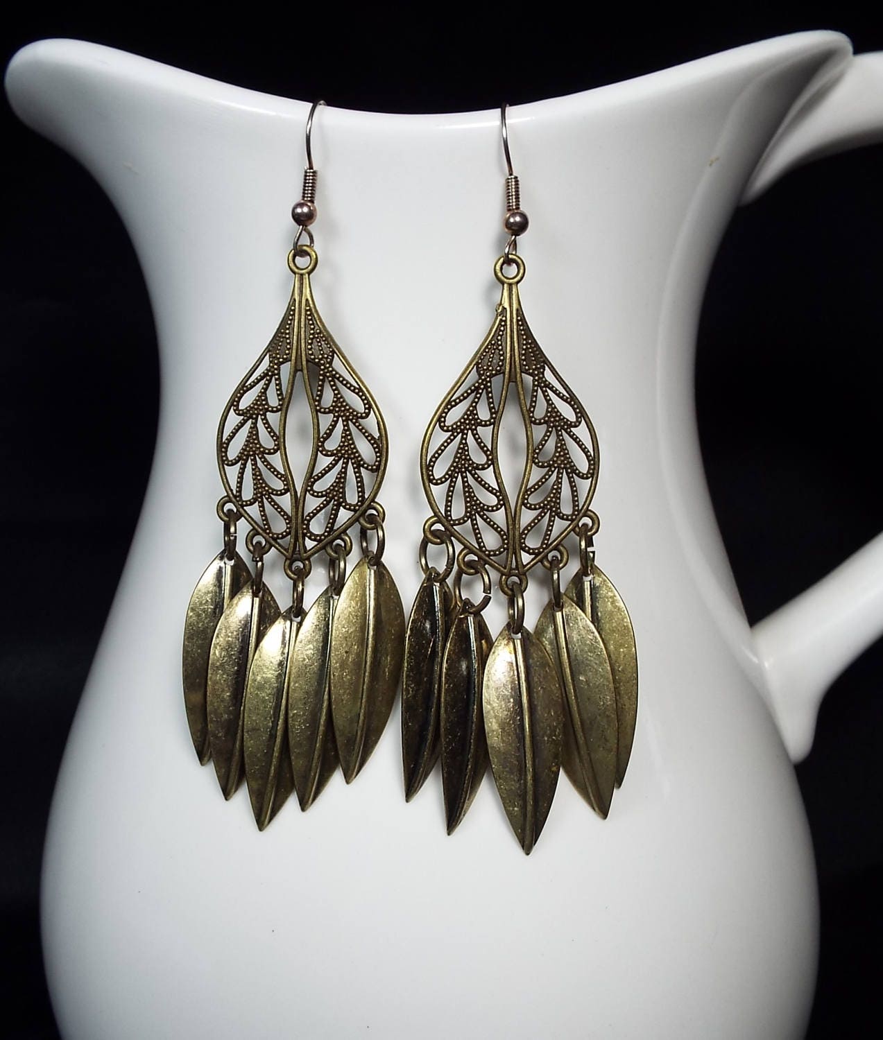 Lightweight Antiqued Gold Filigree Feather look Earrings