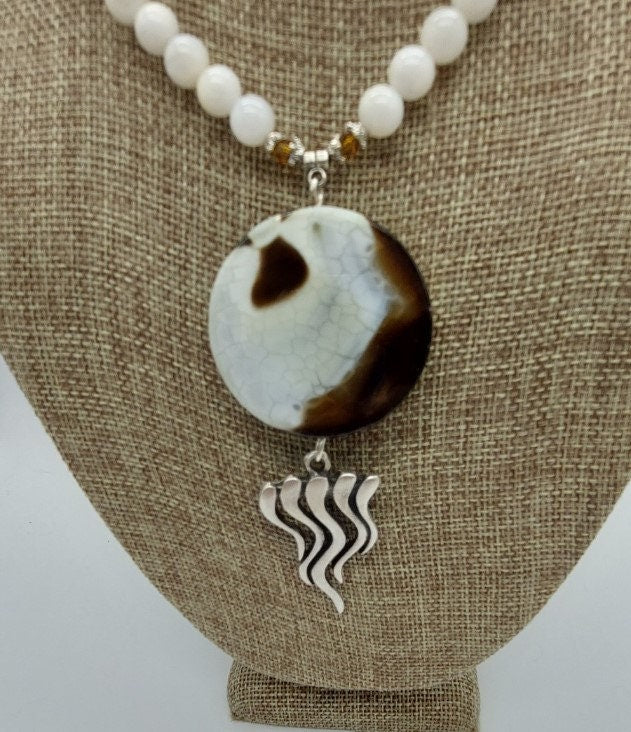 White and brown faceted agate pendant long necklace