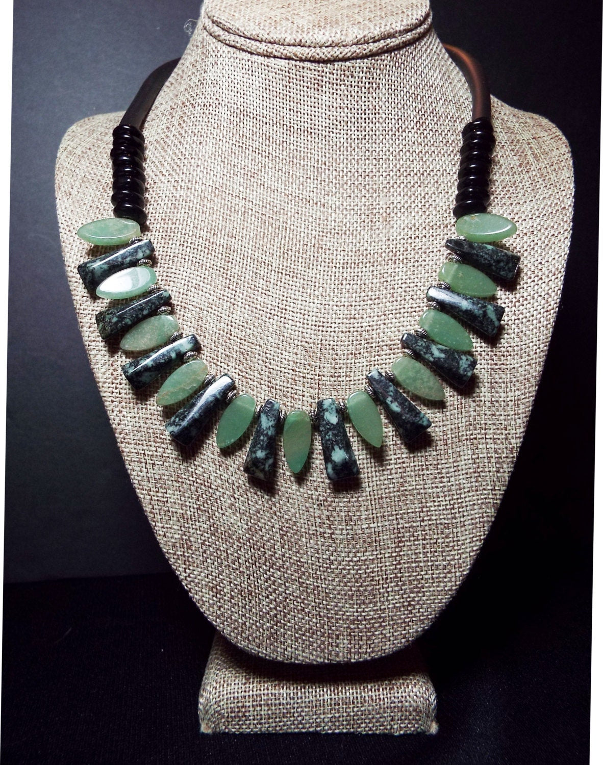Olive Green New Jade Briolette and Black Bead Necklace