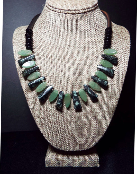 Olive Green New Jade Briolette and Black Bead Necklace