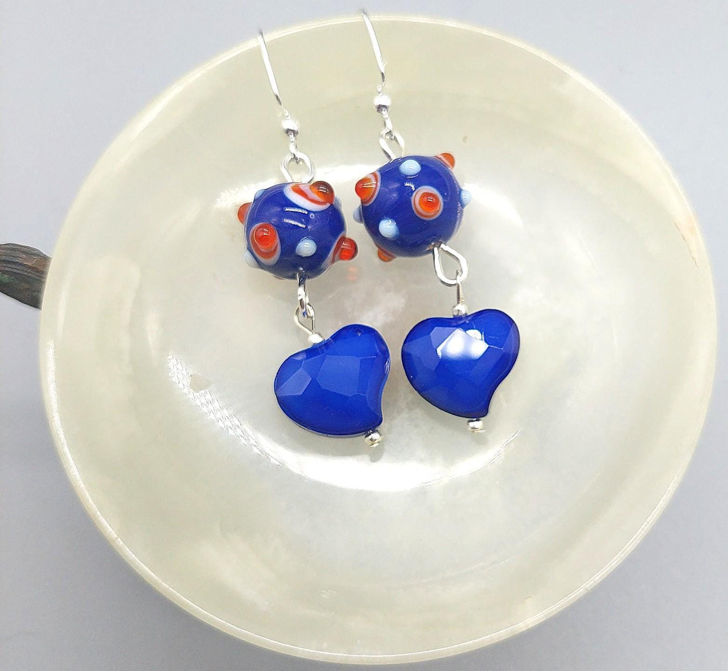 Electric Blue Romance Glass Heart and Lampwork Bead Earrings