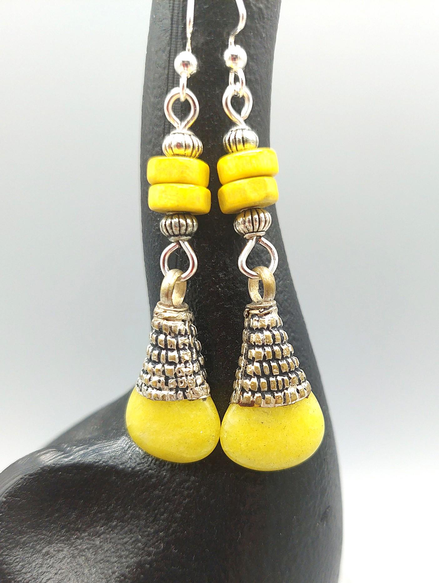 Yellow Tibetan Drop and Yellow Heishi Wood Earrings