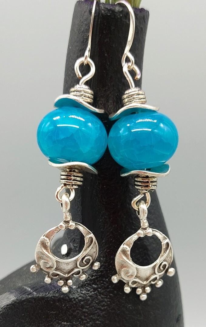 Turquoise Blue Bead Earrings with Ornate Silver Zamak Drops