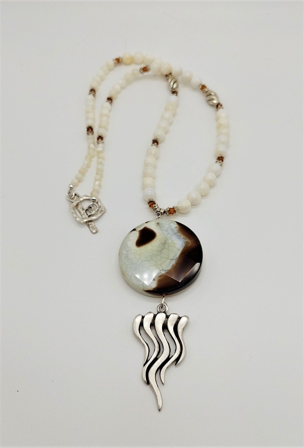 White and brown faceted agate pendant long necklace