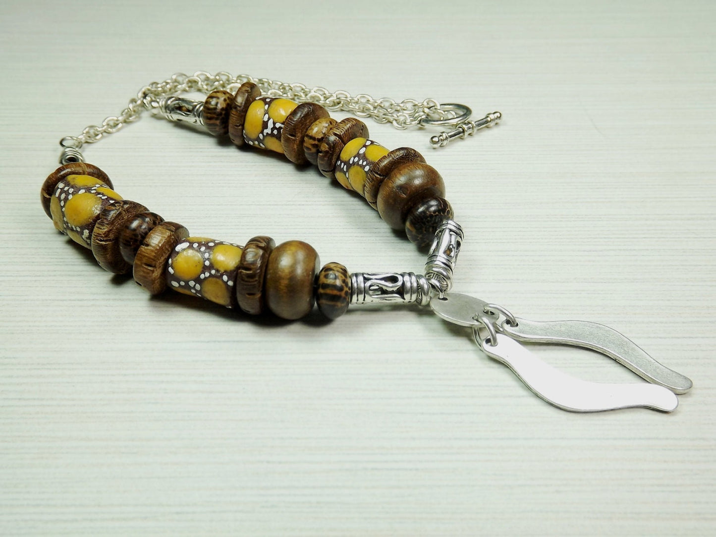 Chunky Brown and Gold African Trade Bead Necklace & Silver Pendant