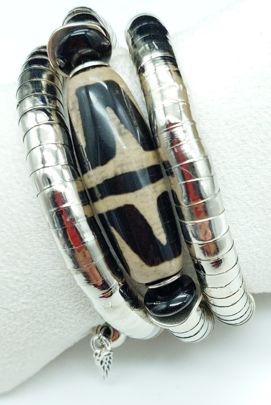 Black and white tribal inspired wrap bracelet;