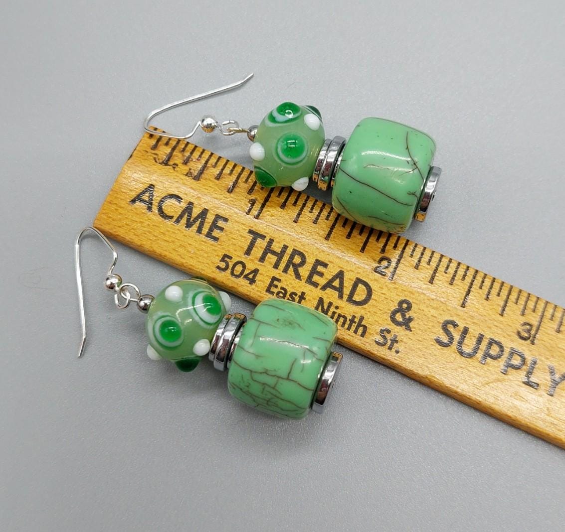 Minty Green Howlite and Lampwork Bead Earrings