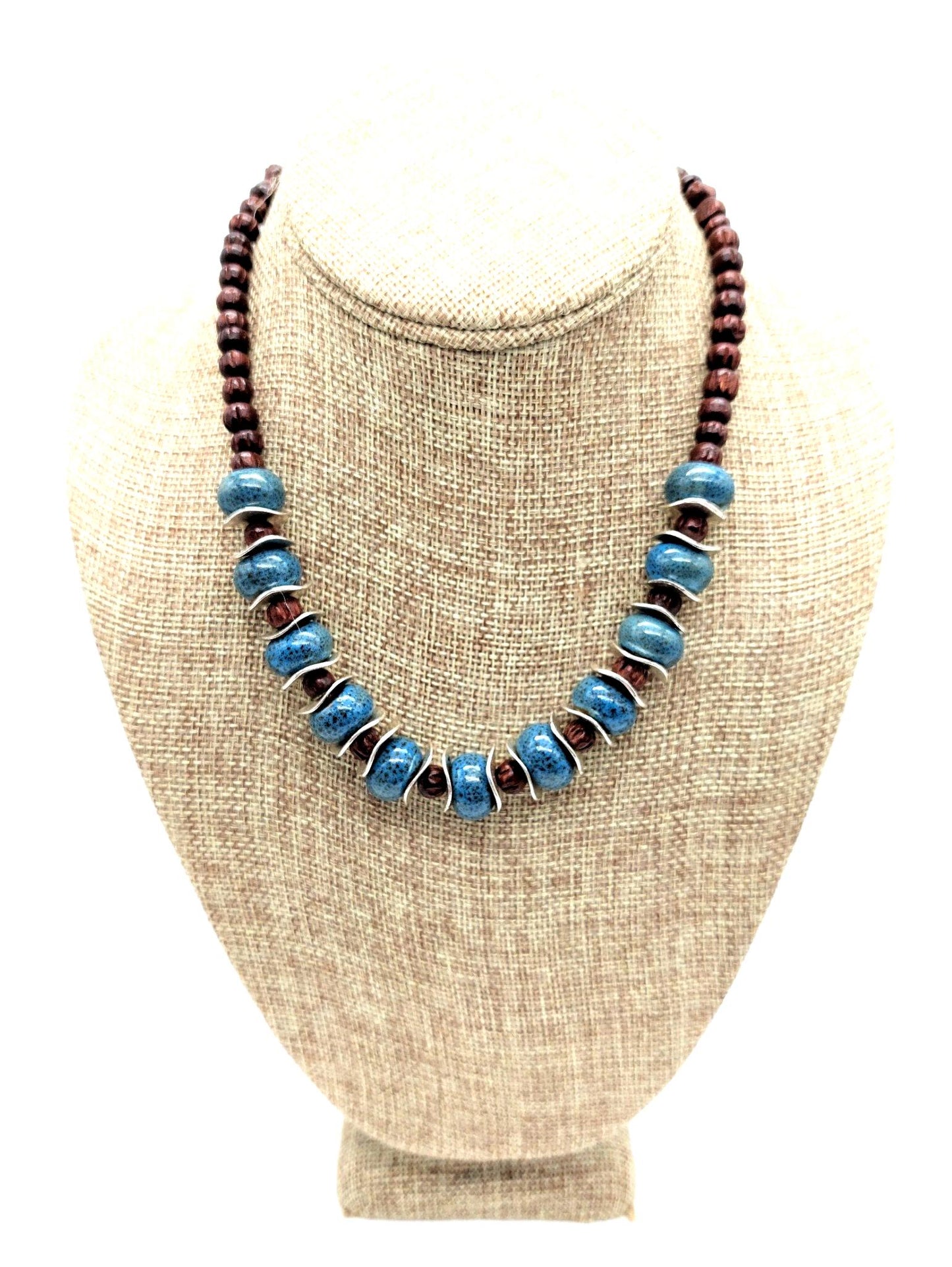 Blue Speckled Ceramic & Carved Wood Bead Necklace