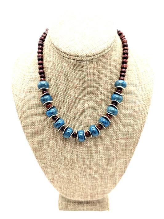Blue Speckled Ceramic & Carved Wood Bead Necklace