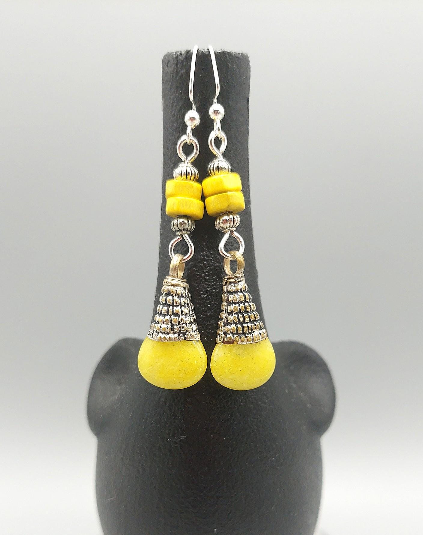 Yellow Tibetan Drop and Yellow Heishi Wood Earrings