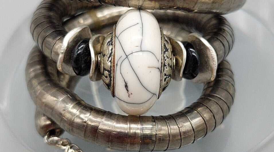White vintage howlite Tibetan  bead wrap bracelet; Winged Penny Designs, Gift her him they