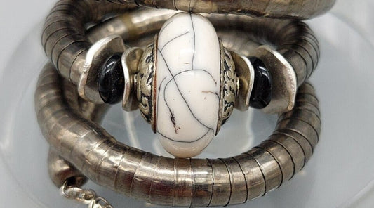 White vintage howlite Tibetan  bead wrap bracelet; Winged Penny Designs, Gift her him they