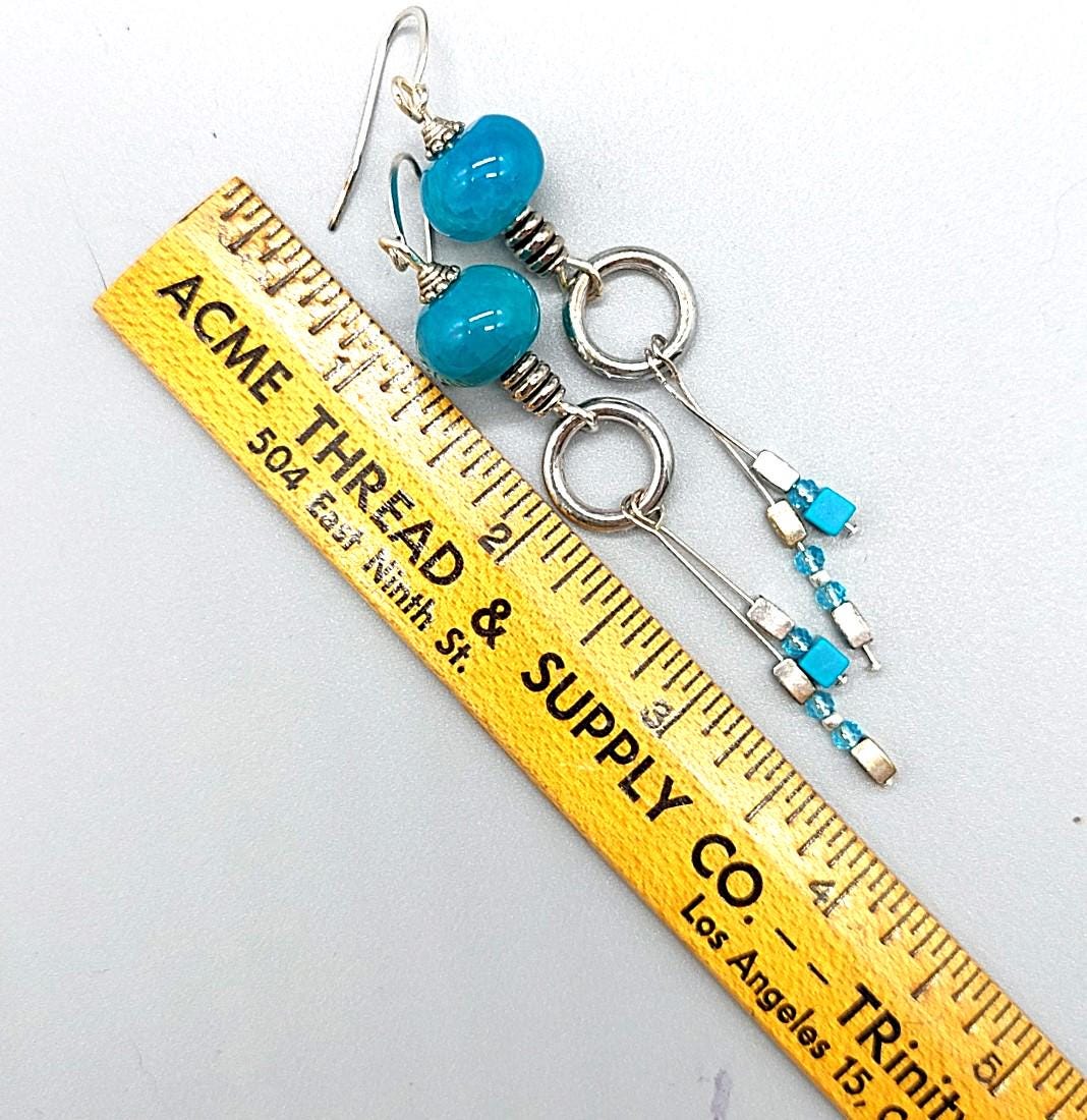 Turquoise Agate Gemstone Bead and Dangle Drop Earrings with Silver Accents
