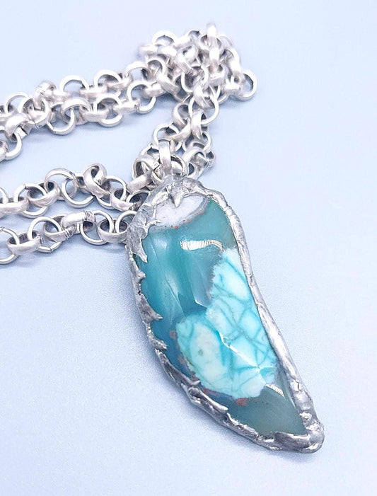 Soft soldered green agate pendant necklace with thick Turkish silver chain