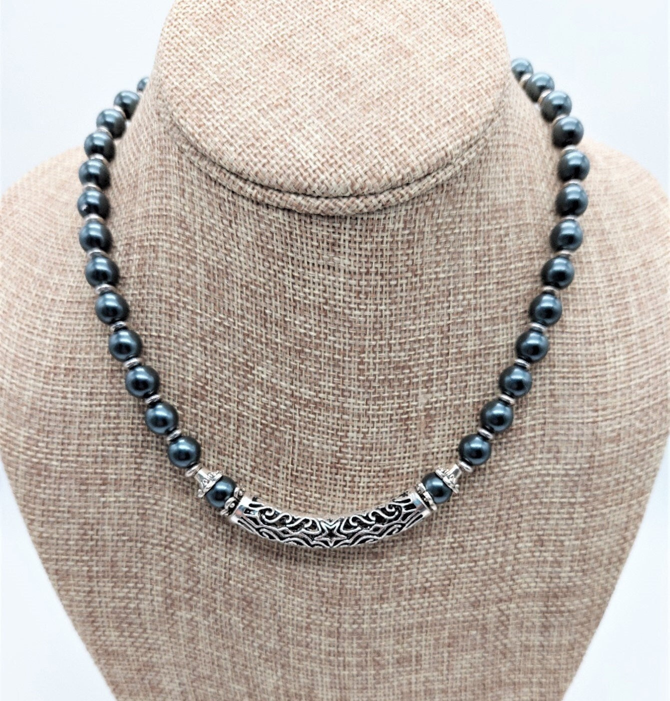 Black glass pearl with silver scroll focal necklace