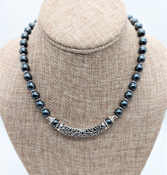 Black glass pearl with silver scroll focal necklace