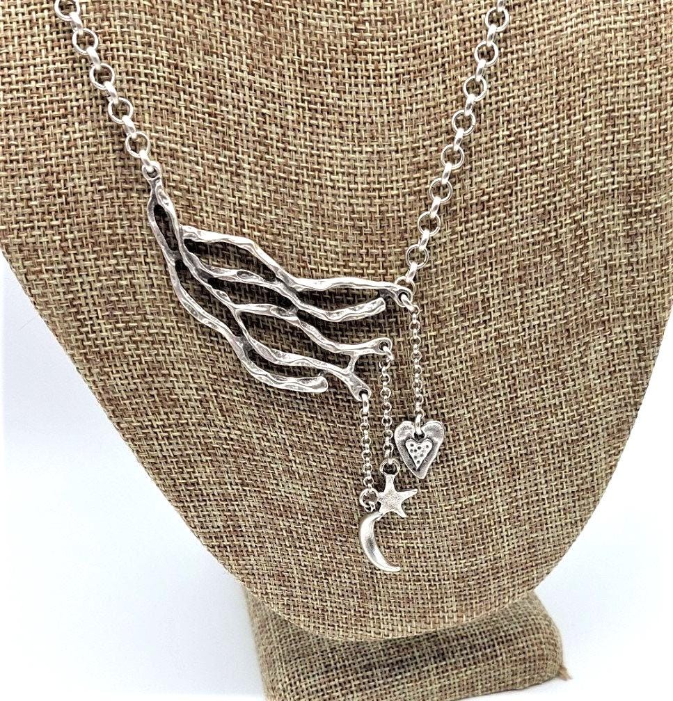 Asymmetrical Silver Heart Stars & Moon Necklace