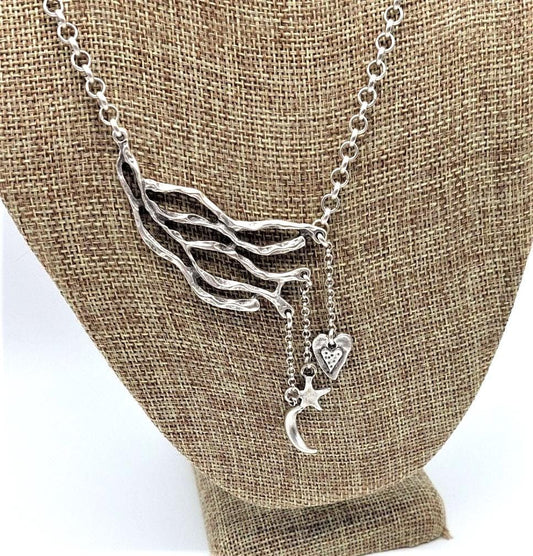 Asymmetrical Silver Heart Stars & Moon Necklace