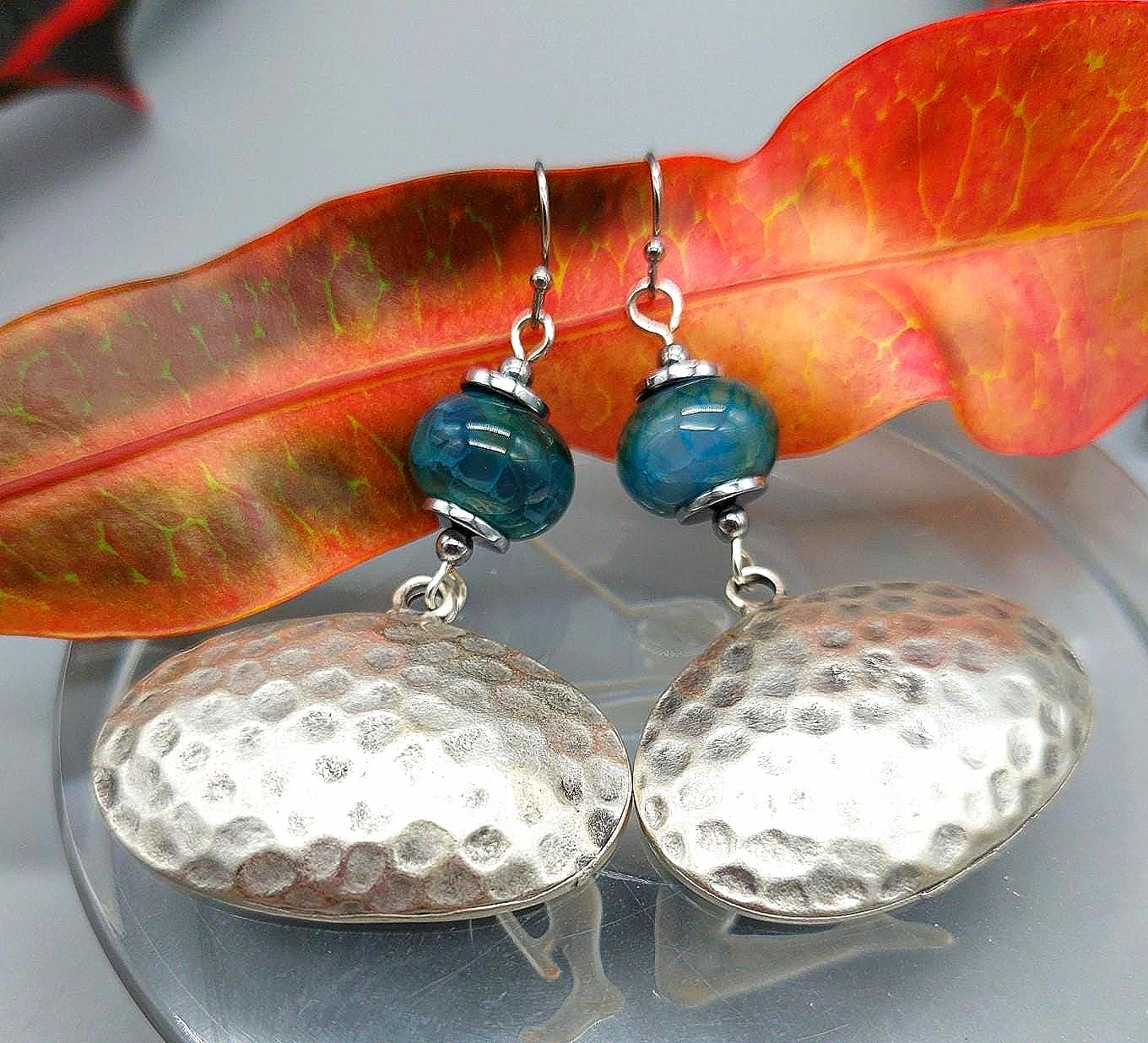 Hammered Zamak Silver Oval Dangle Earrings with Teal Agate Gemstone Beads