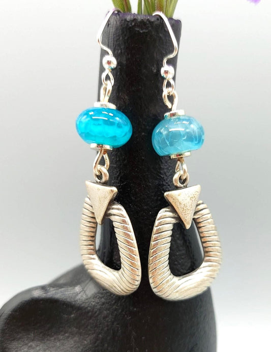 Aqua Agate Gemstone Bead Earrings with Textured Silver Zamak Dangles